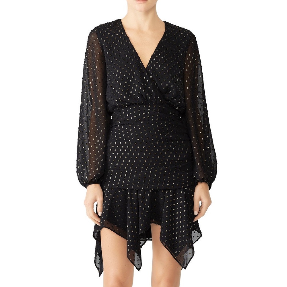 Haney Tavi Polka Dot Sheath Dress Flounced Hem Chiffon Lined In Black & Gold